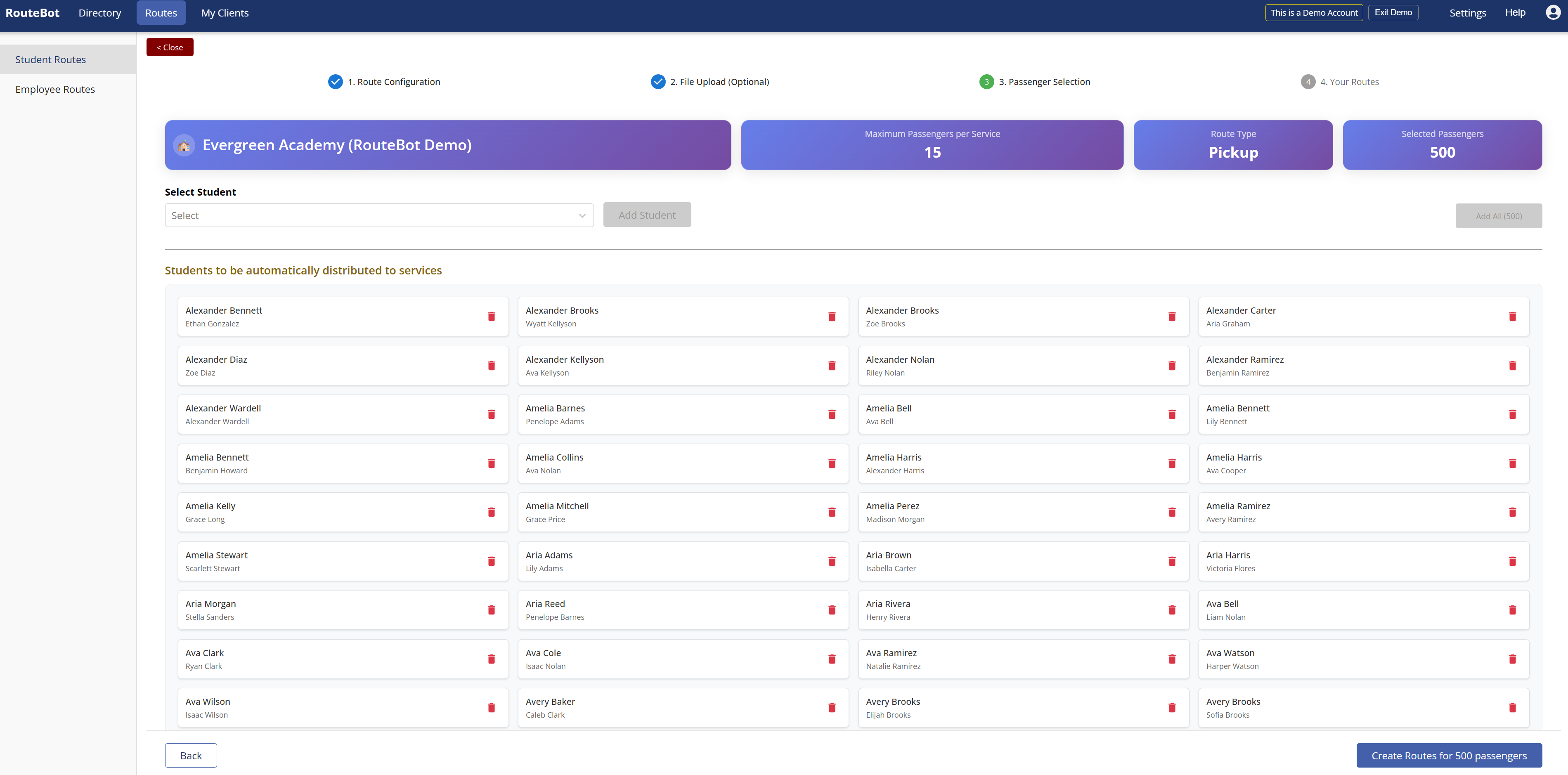 Selecting hundreds of students for automatic route distribution in RouteBot