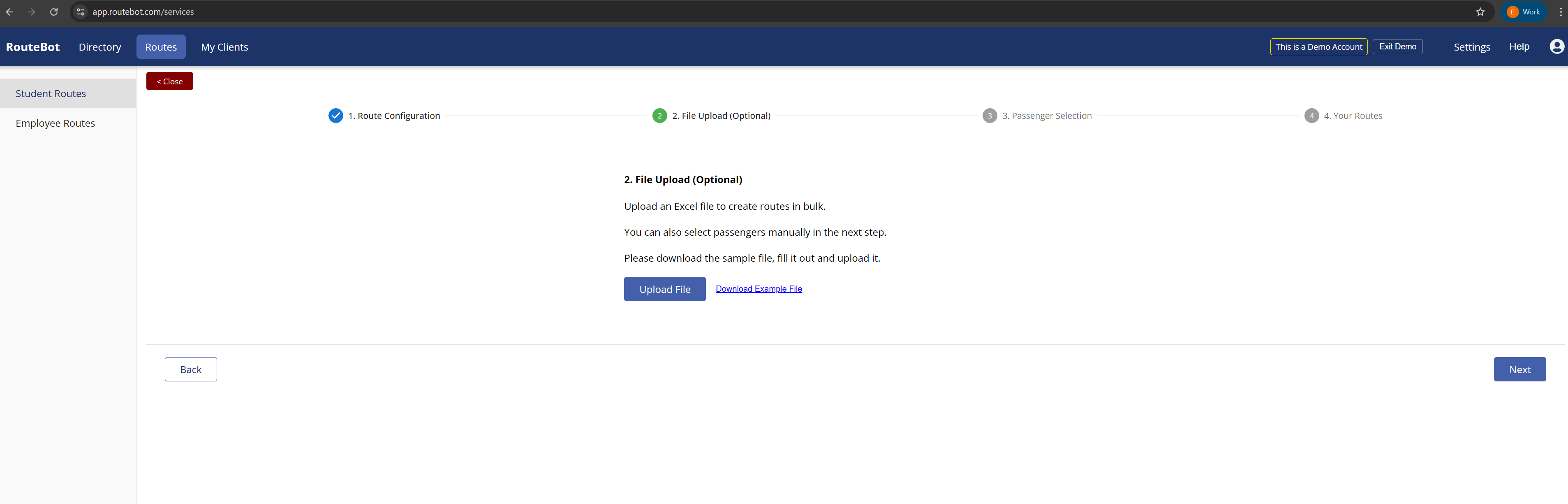 RouteBot Excel upload step for bulk route creation