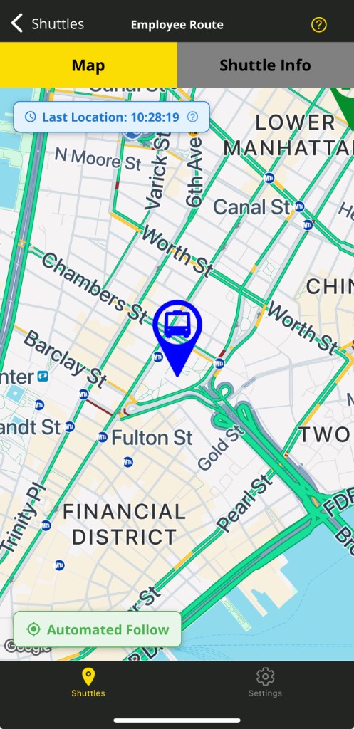 RouteBot mobile app showing live bus location on a map of Lower Manhattan with Automated Follow enabled