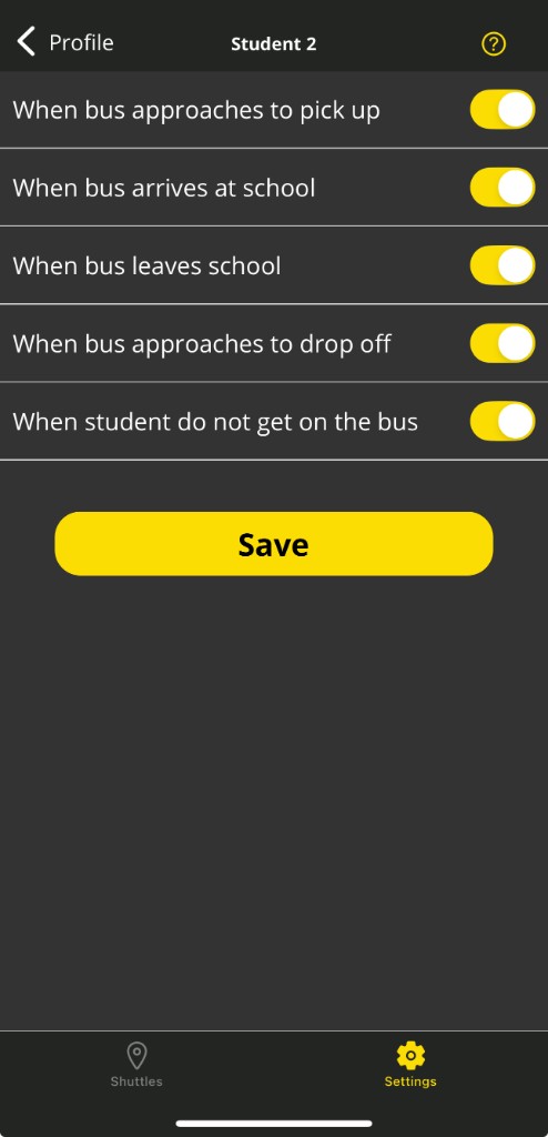 RouteBot mobile app notification settings showing toggle switches for pickup approach, school arrival, school departure, dropoff approach, and missed boarding alerts