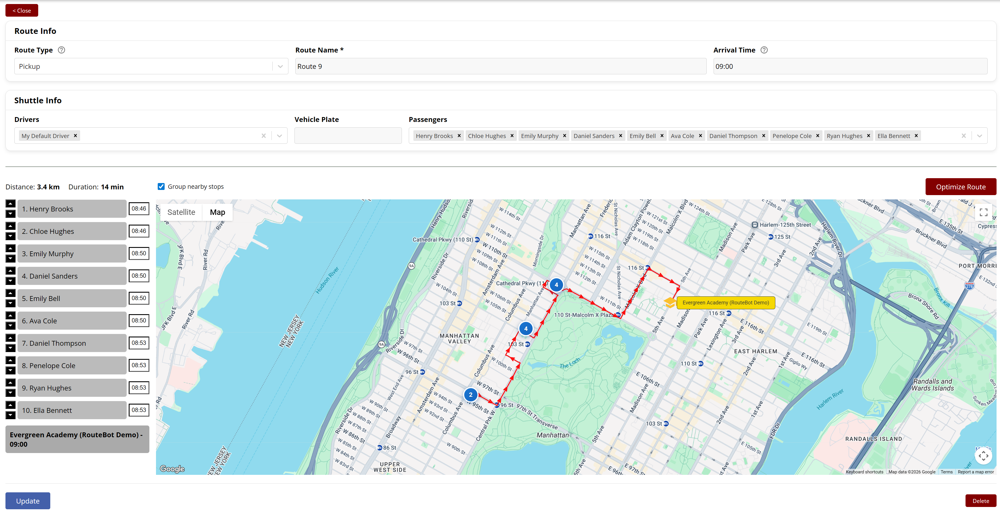RouteBot route detail showing Route 9 on a map of Manhattan with 10 student stops, distance 3.4 km, duration 14 min