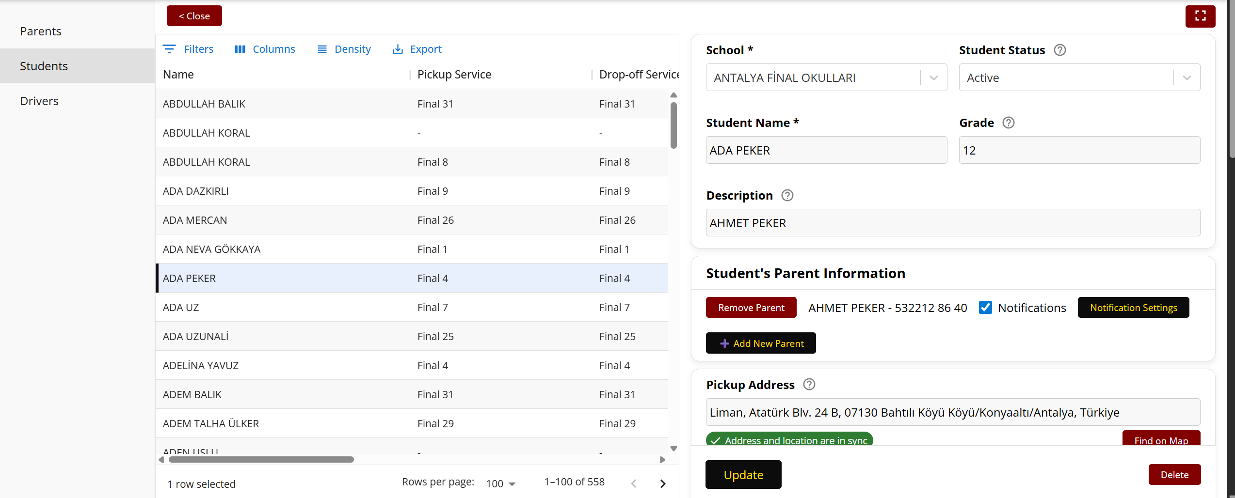 Student list screen in Route Bot