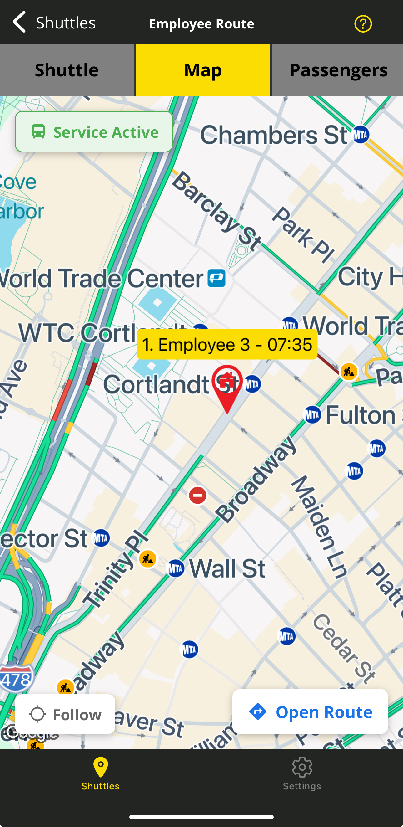 RouteBot driver app showing an active route with the next stop on the map